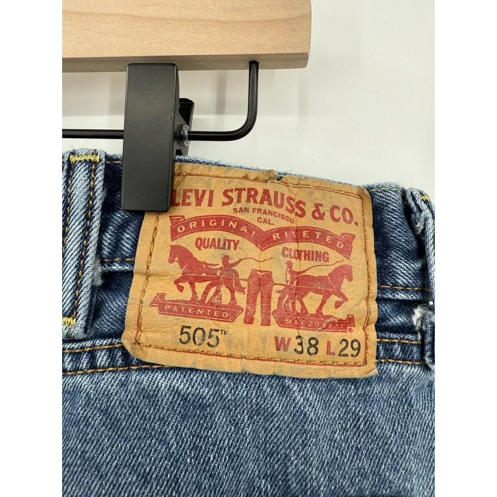 Levis 505 Jeans Mens 38x29 Blue Straight‎ Leg Medium Wash Distressed Denim Pants